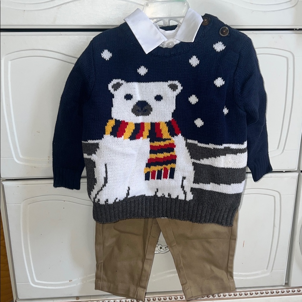 wonder nation Navy White Polar Bear Knit Sweater Set with Tan Pants